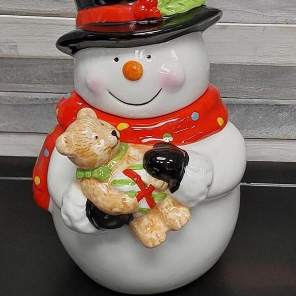 Cookie Jar Snowman & Teddy Bear Christmas Holiday 9" Tall | Sleigh Bell Bistro - Picture 2 of 10